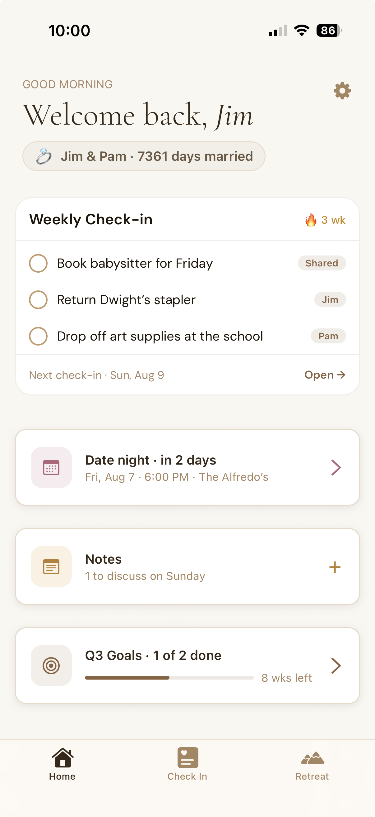 SimpliYoked weekly check-in screen
